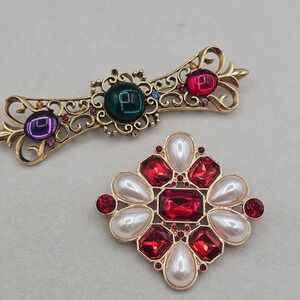 Colorful‎ Pair of Brooches 2pc Multicolor Acrylic Faux Pearls Gold Tone